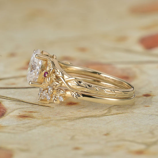 Moissanite Engagement Ring Set with Floral Ruby - Persephone - GemsMagic