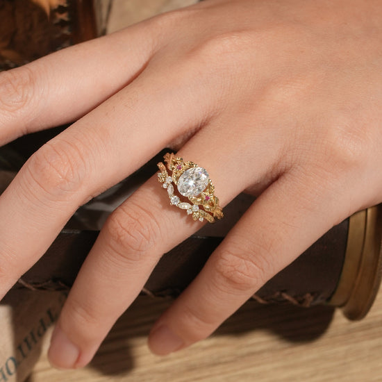 Moissanite Engagement Ring Set with Floral Ruby - Persephone - GemsMagic