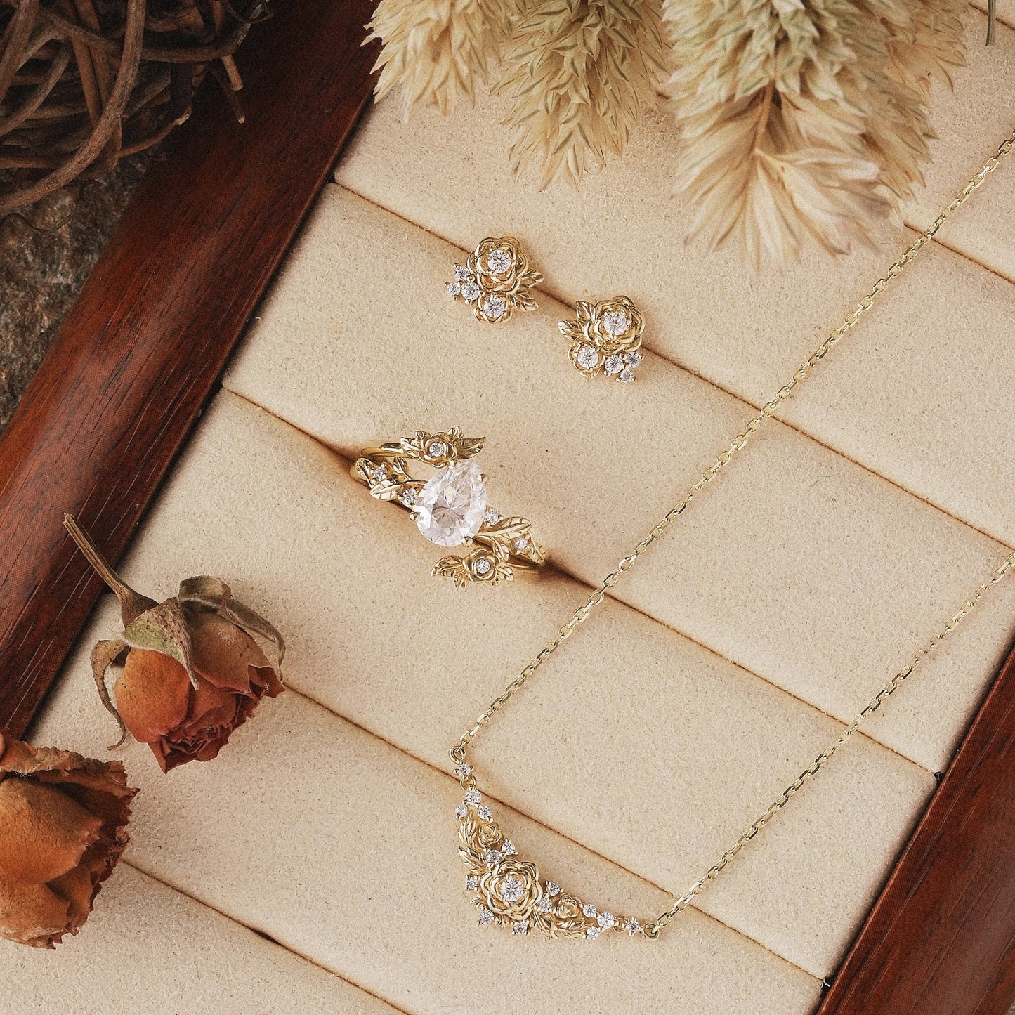 Moissanite Jewelry Sets - Floral Ring & Necklace & Earrings - GemsMagic