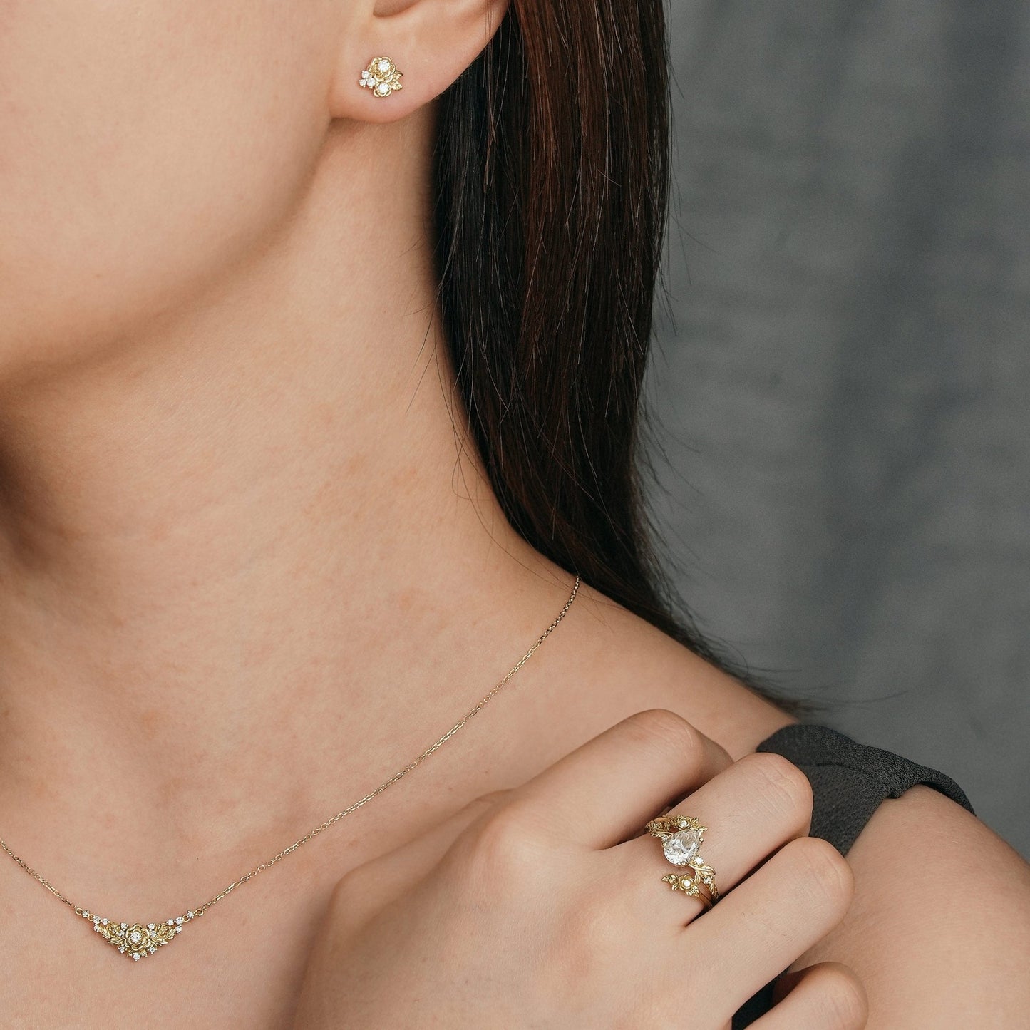 Moissanite Jewelry Sets - Floral Ring & Necklace & Earrings - GemsMagic