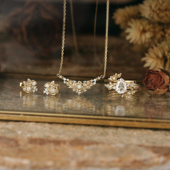 Moissanite Jewelry Sets - Floral Ring & Necklace & Earrings - GemsMagic
