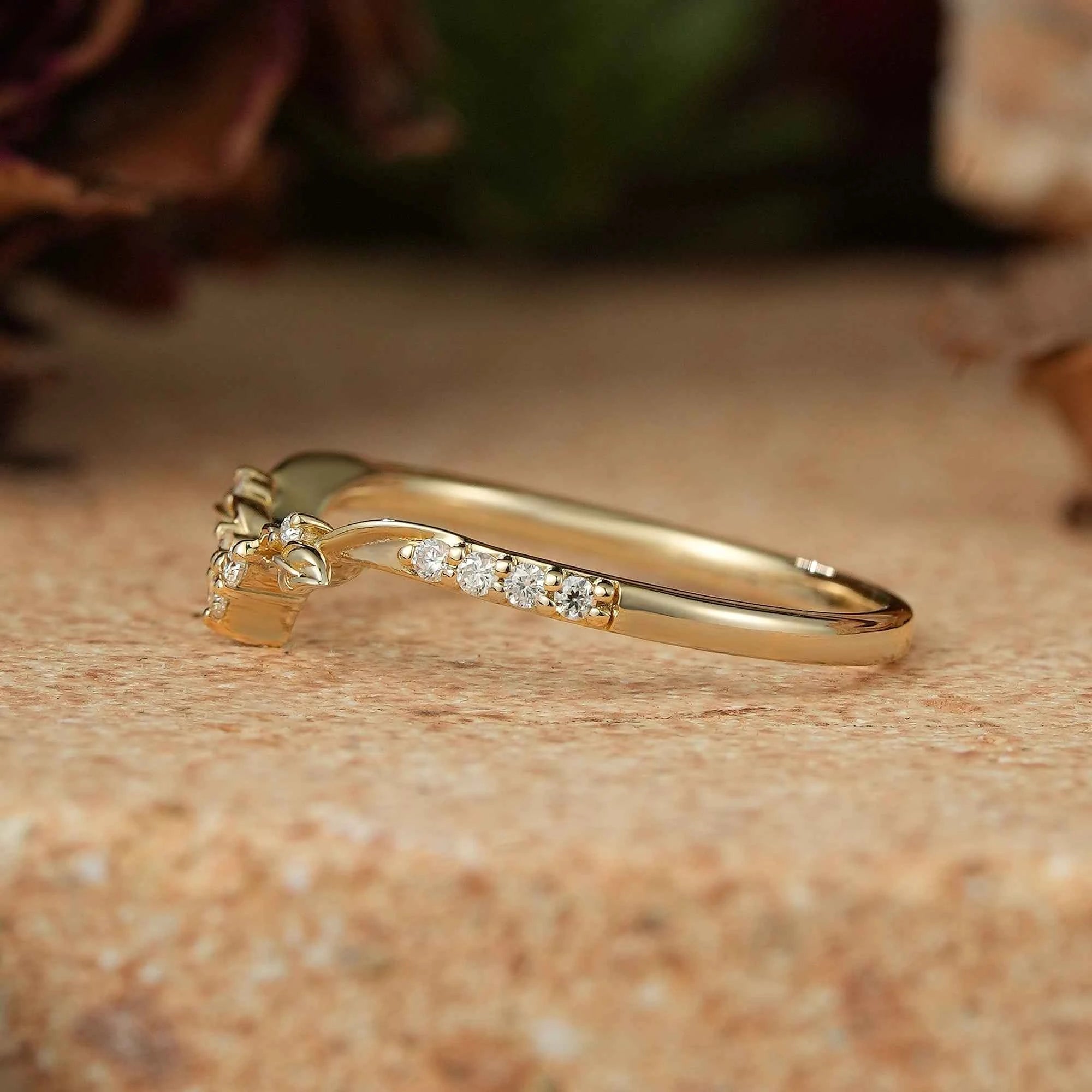Moissanite Leaf And Stag Inspired Curved Wedding Ring - GemsMagic