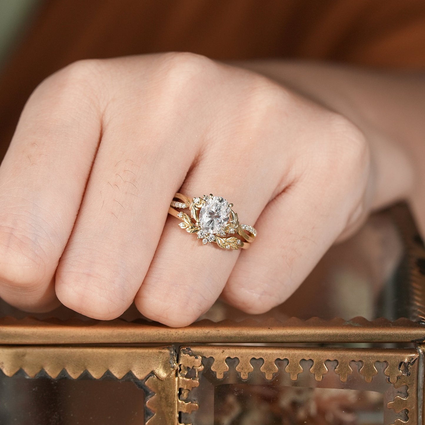 Moissanite Leaf & Moon Design Bridal Set - Alice - GemsMagic