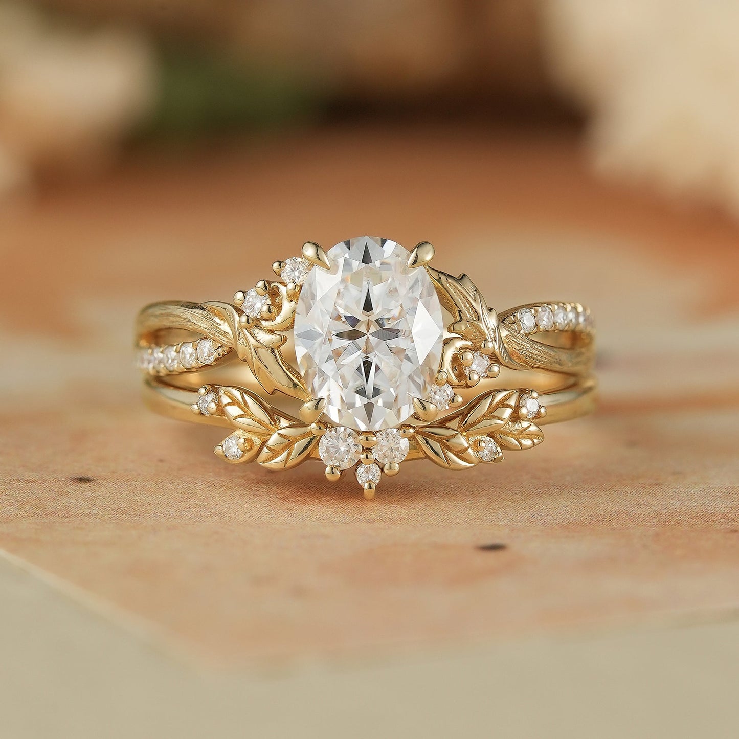 Moissanite Leaf & Moon Design Bridal Set - Alice - GemsMagic