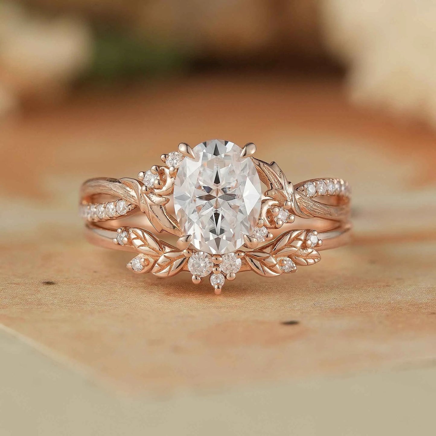 Moissanite Leaf & Moon Design Bridal Set - Alice - GemsMagic