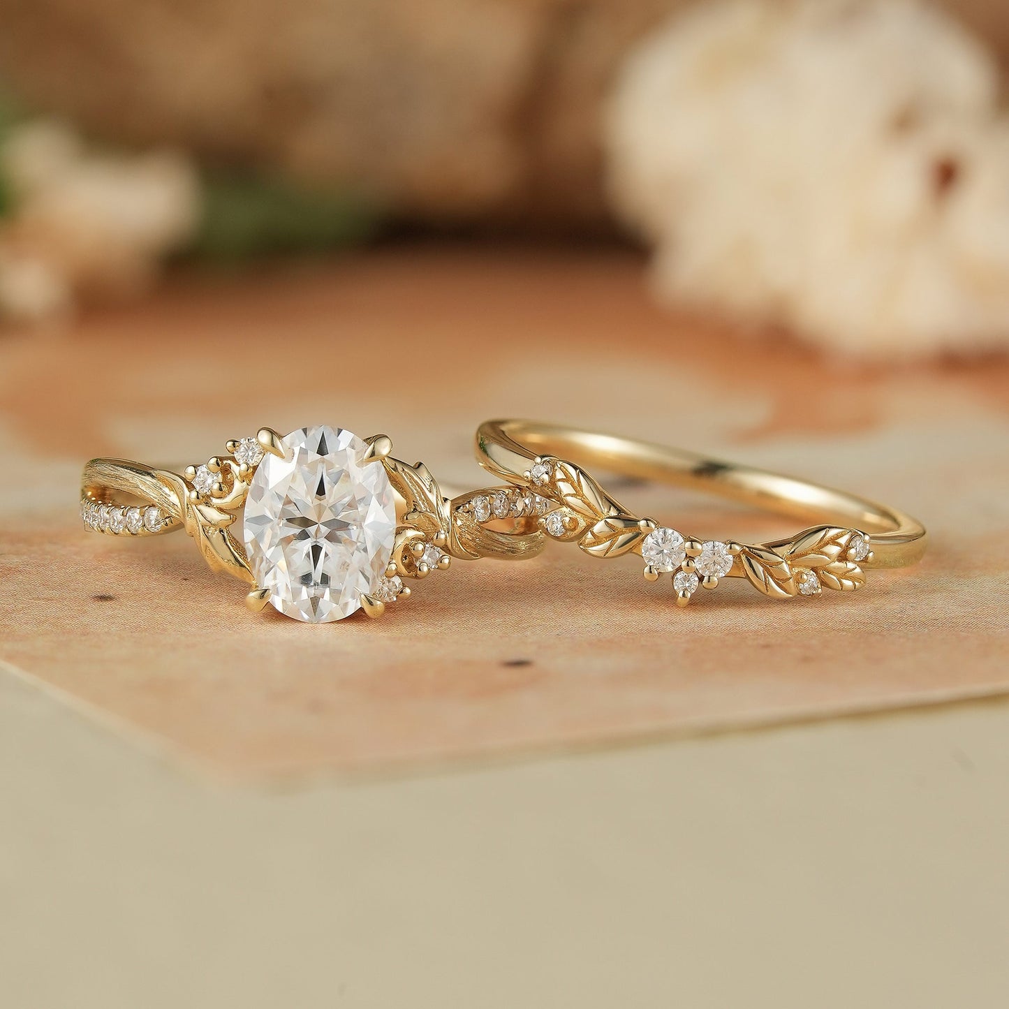 Moissanite Leaf & Moon Design Bridal Set - Alice - GemsMagic