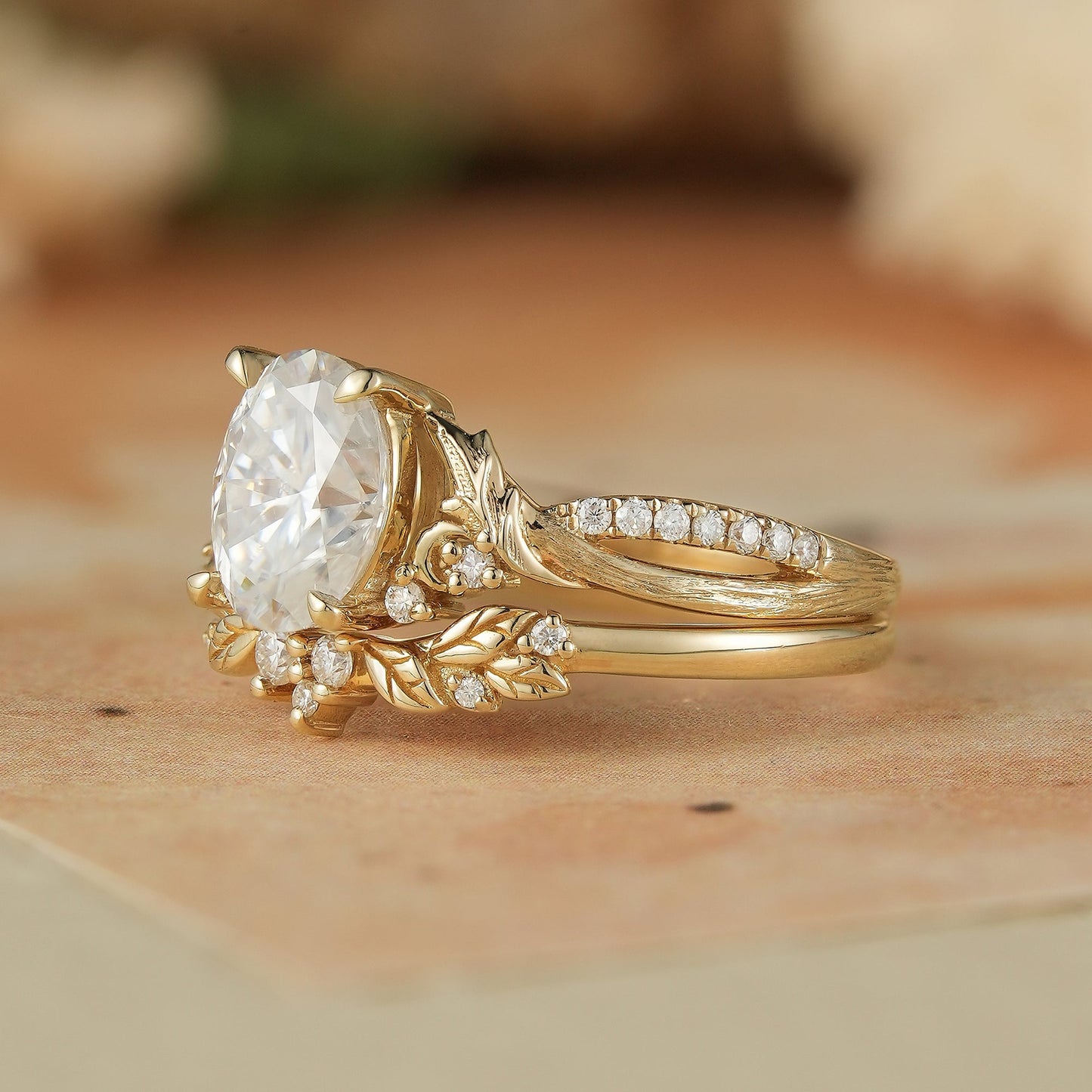 Moissanite Leaf & Moon Design Bridal Set - Alice - GemsMagic