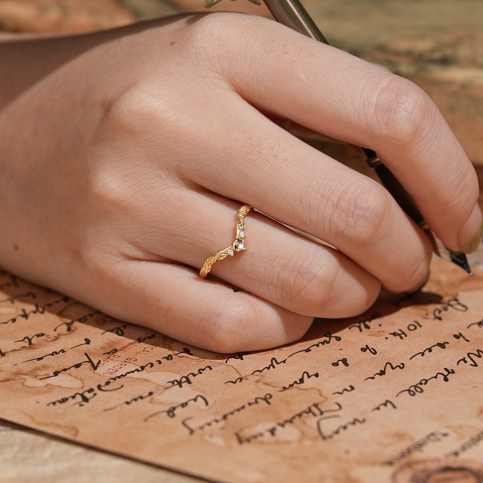 Moissanite Moon And Leaf Inspired Curved Wedding Band - Melia - GemsMagic