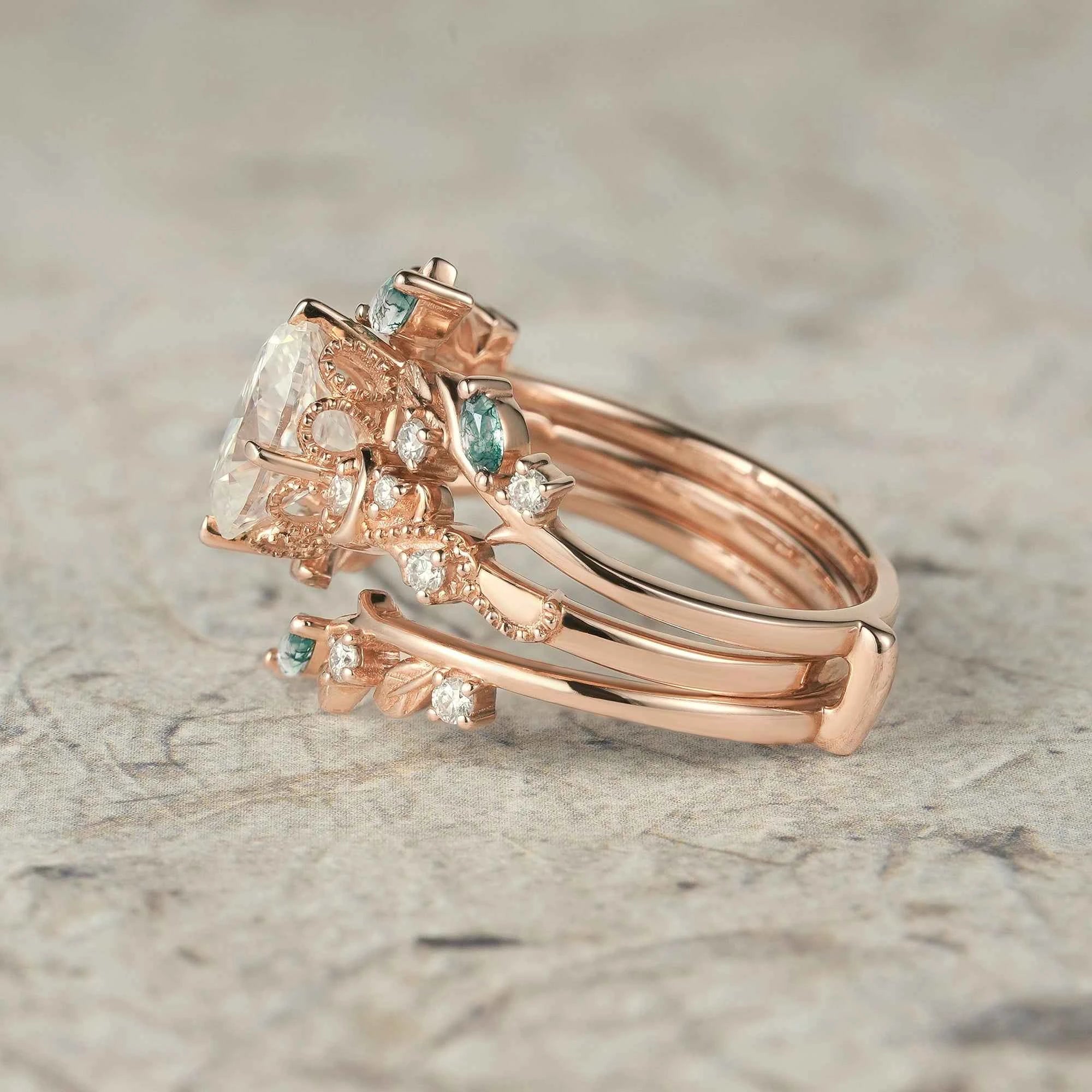 Moissanite & Moss Agate Ring Set 2pcs - Paisley - GemsMagic