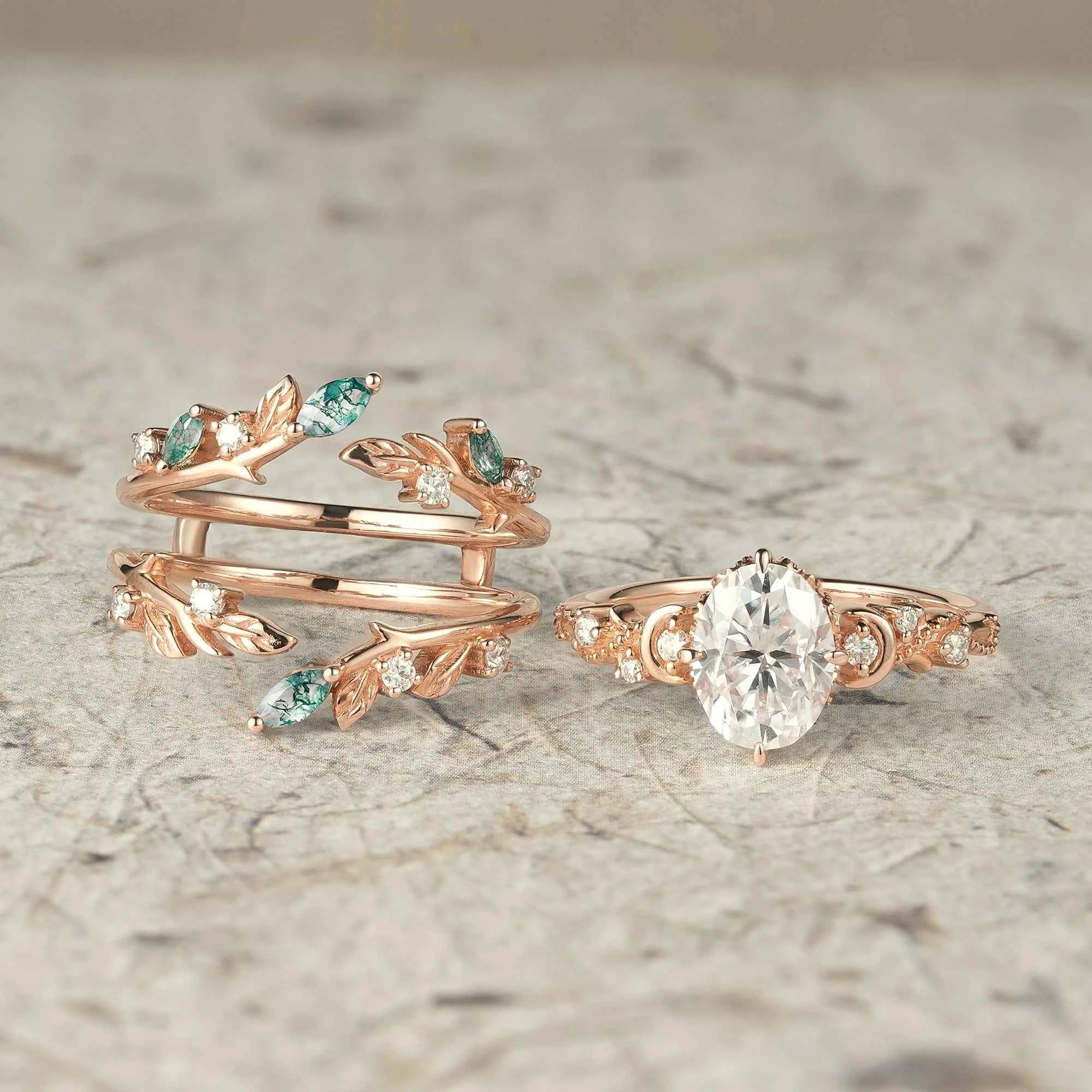 Moissanite & Moss Agate Ring Set 2pcs - Paisley - GemsMagic
