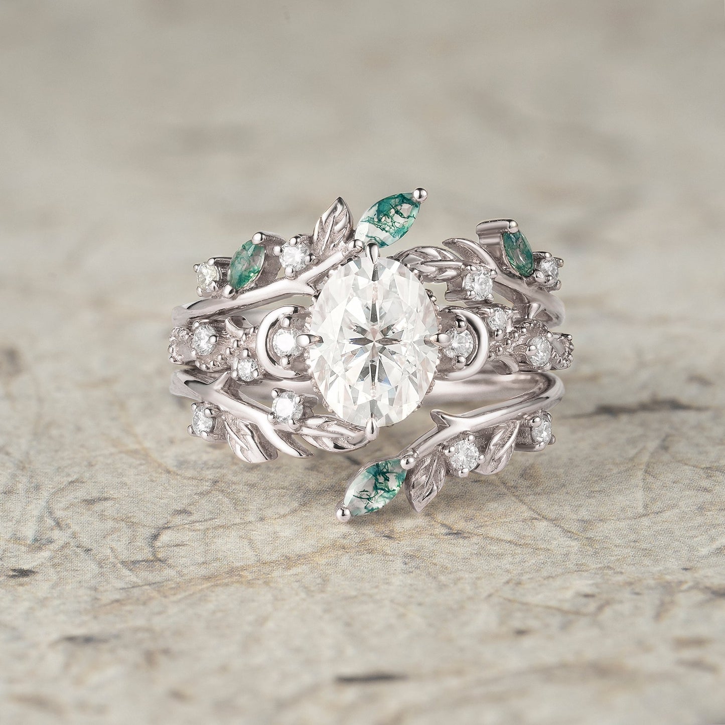 Moissanite & Moss Agate Ring Set 2pcs - Paisley - GemsMagic