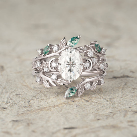 Moissanite & Moss Agate Ring Set 2pcs - Paisley - GemsMagic