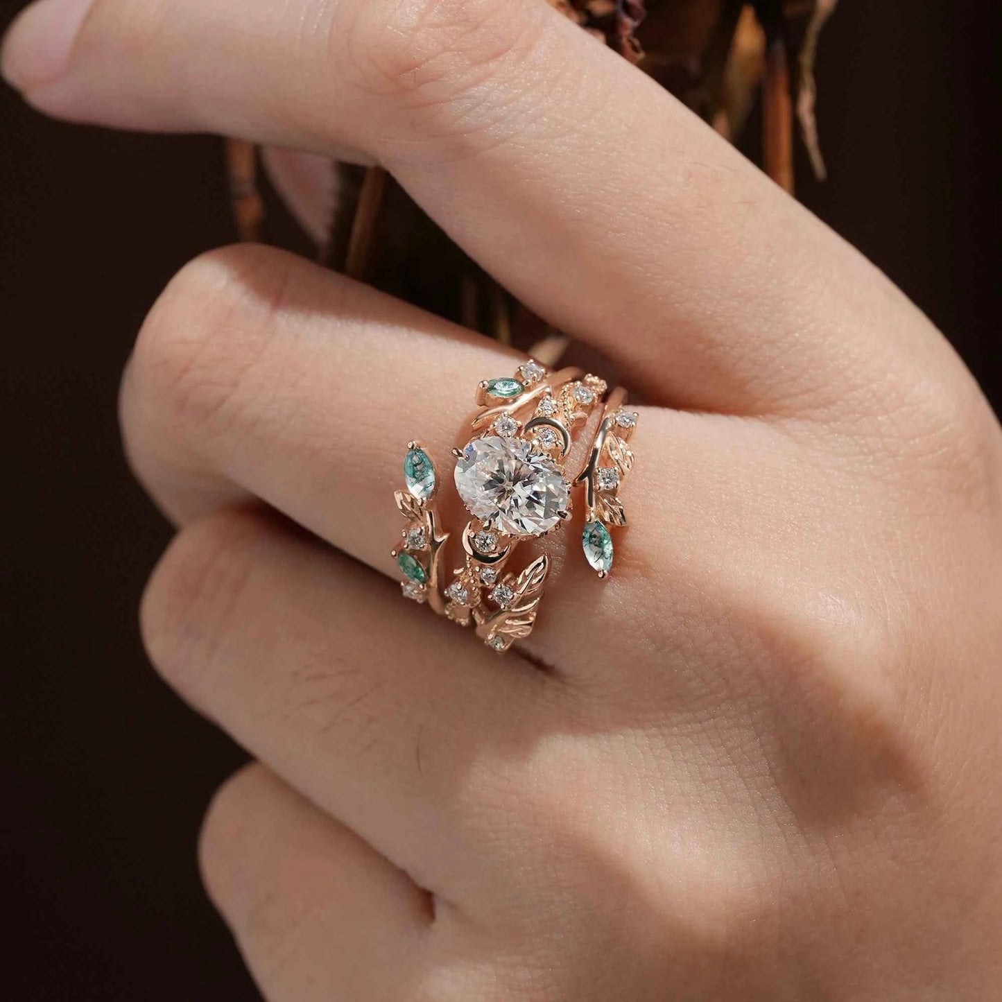 Moissanite & Moss Agate Ring Set 2pcs - Paisley - GemsMagic