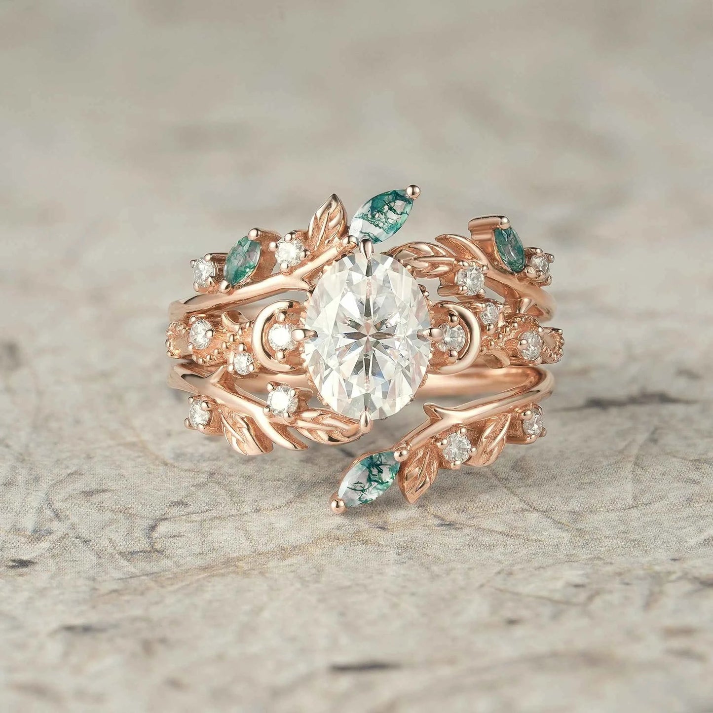 Moissanite & Moss Agate Ring Set 2pcs - Paisley - GemsMagic