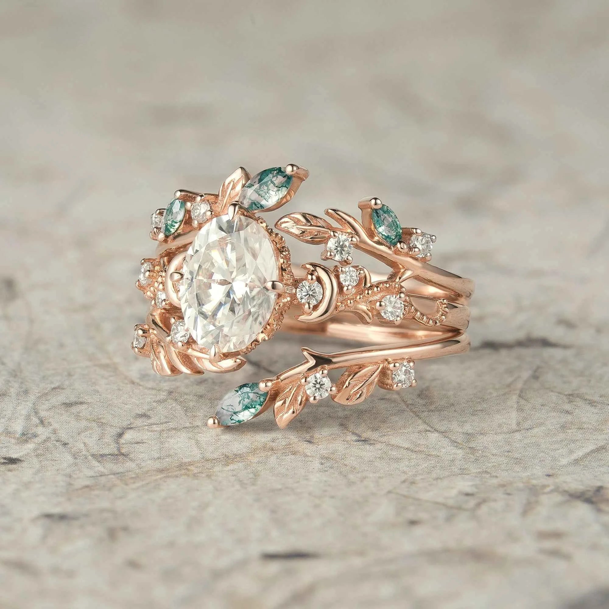 Moissanite & Moss Agate Ring Set 2pcs - Paisley - GemsMagic