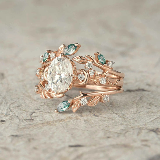 Moissanite & Moss Agate Ring Set 2pcs - Paisley - GemsMagic