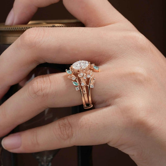 Moissanite & Moss Agate Ring Set 2pcs - Paisley - GemsMagic