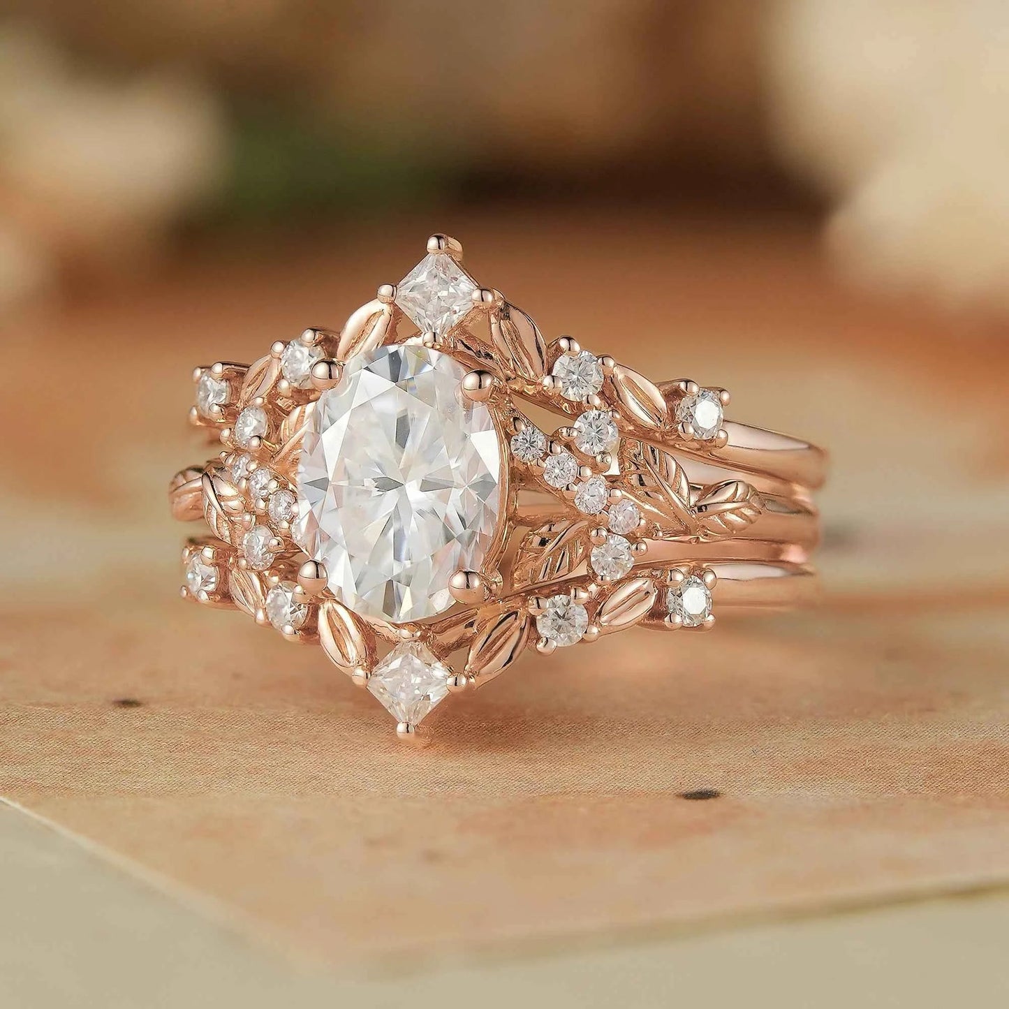 Moissanite Oak Leaf Inspired Enhancer Ring Set - Waverly - GemsMagic