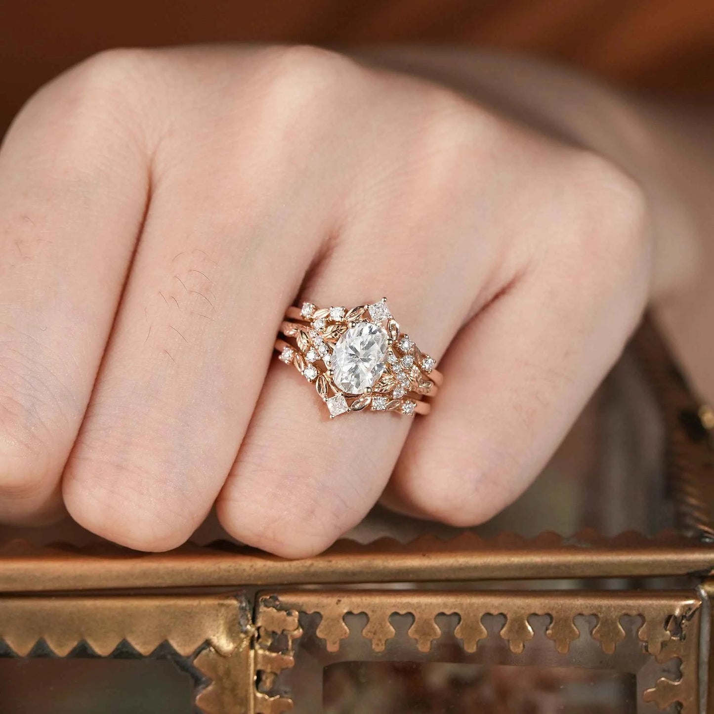 Moissanite Oak Leaf Inspired Enhancer Ring Set - Waverly - GemsMagic