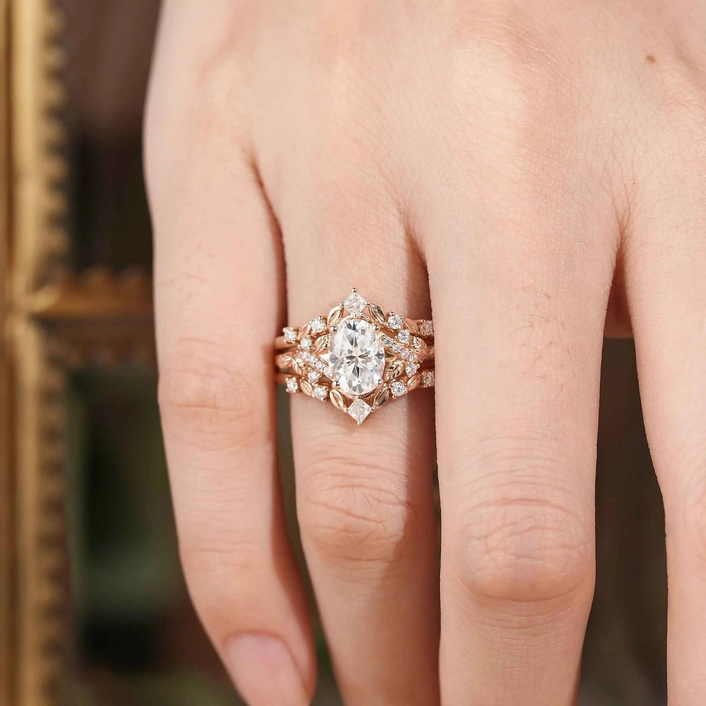 Moissanite Oak Leaf Inspired Enhancer Ring Set - Waverly - GemsMagic