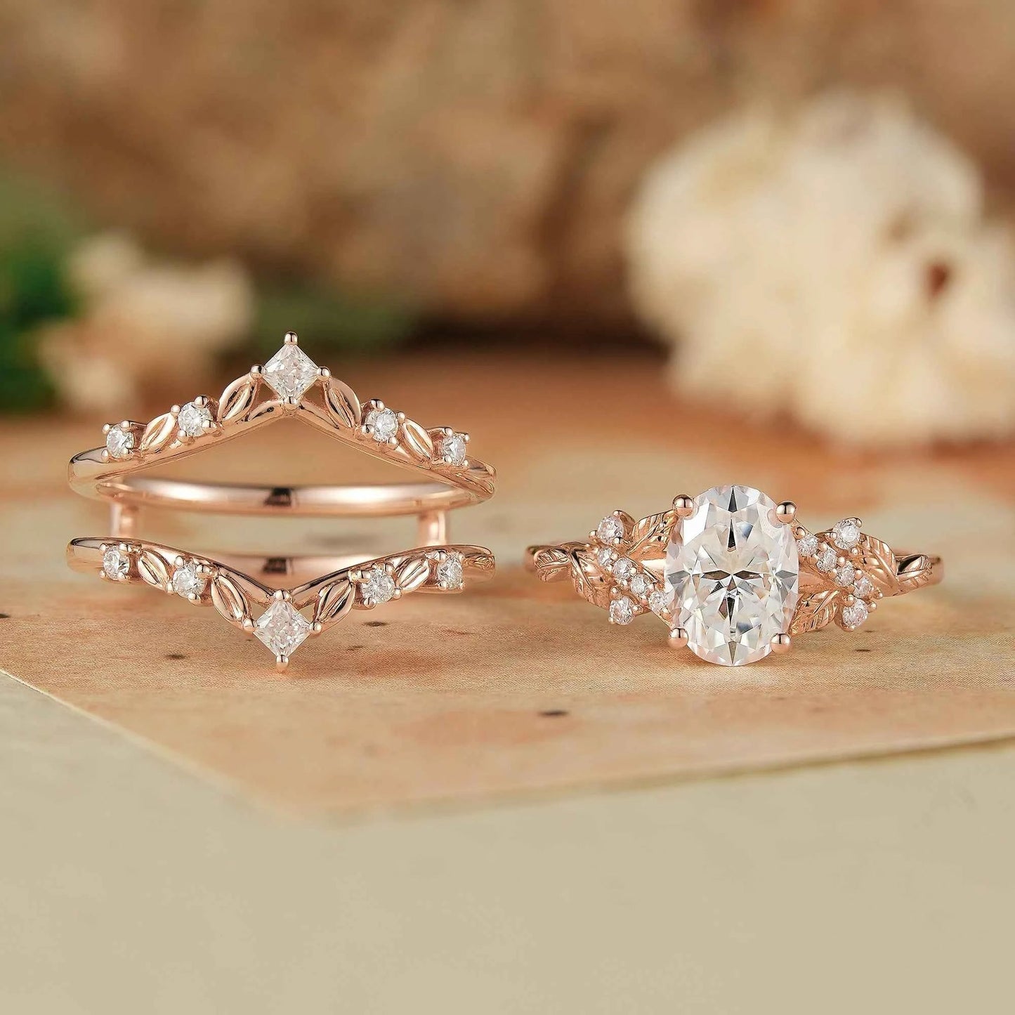 Moissanite Oak Leaf Inspired Enhancer Ring Set - Waverly - GemsMagic