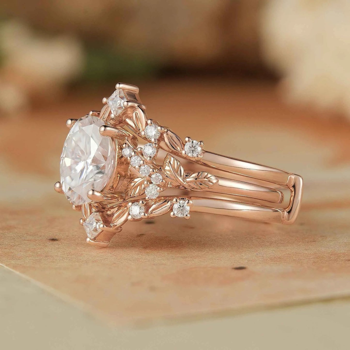 Moissanite Oak Leaf Inspired Enhancer Ring Set - Waverly - GemsMagic