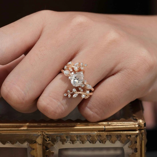 Moissanite & Pearl Engagement Ring Set - Athena - GemsMagic