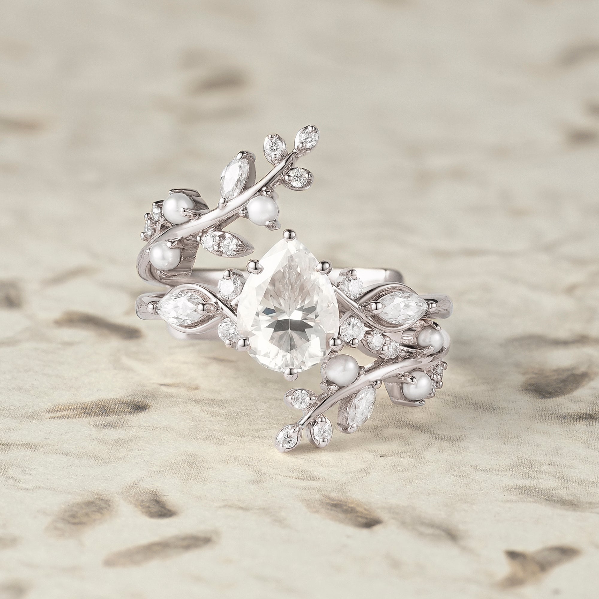 Moissanite & Pearl Engagement Ring Set - Athena - GemsMagic