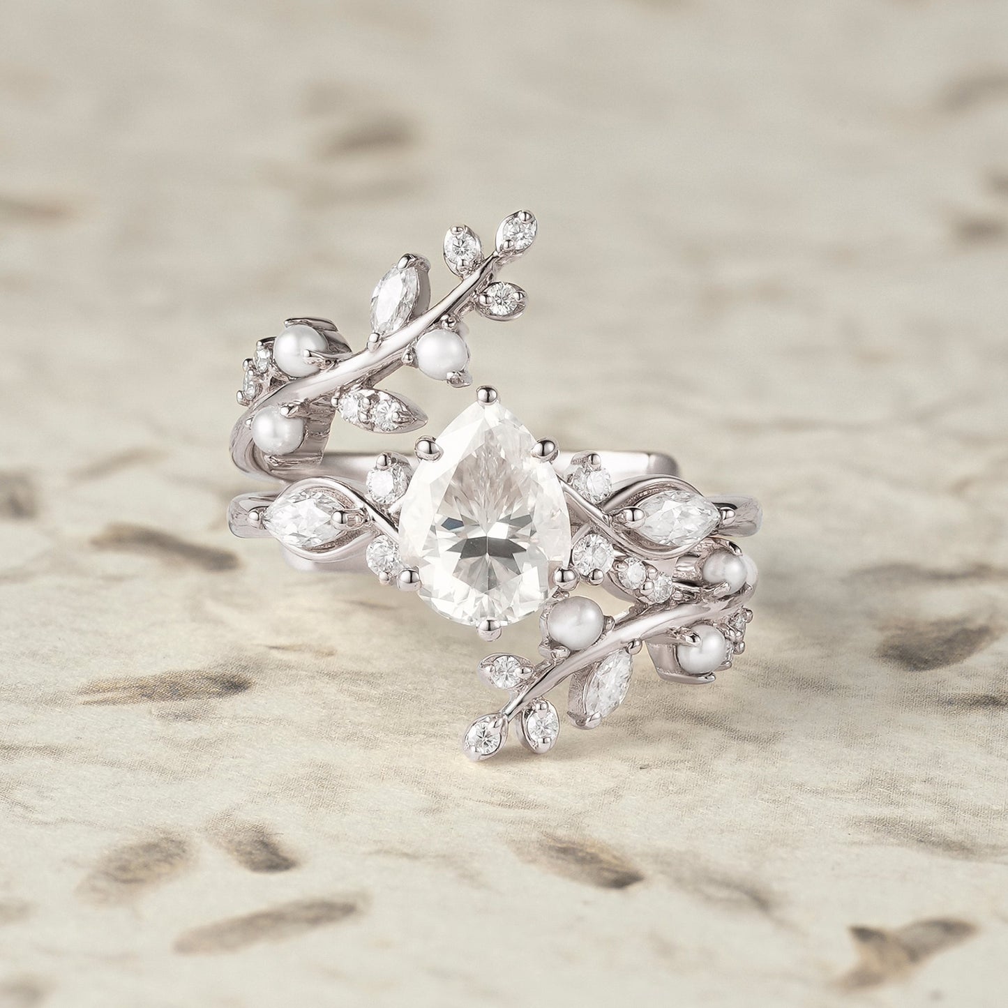 Moissanite & Pearl Engagement Ring Set - Athena - GemsMagic