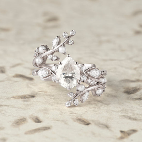 Moissanite & Pearl Engagement Ring Set - Athena - GemsMagic