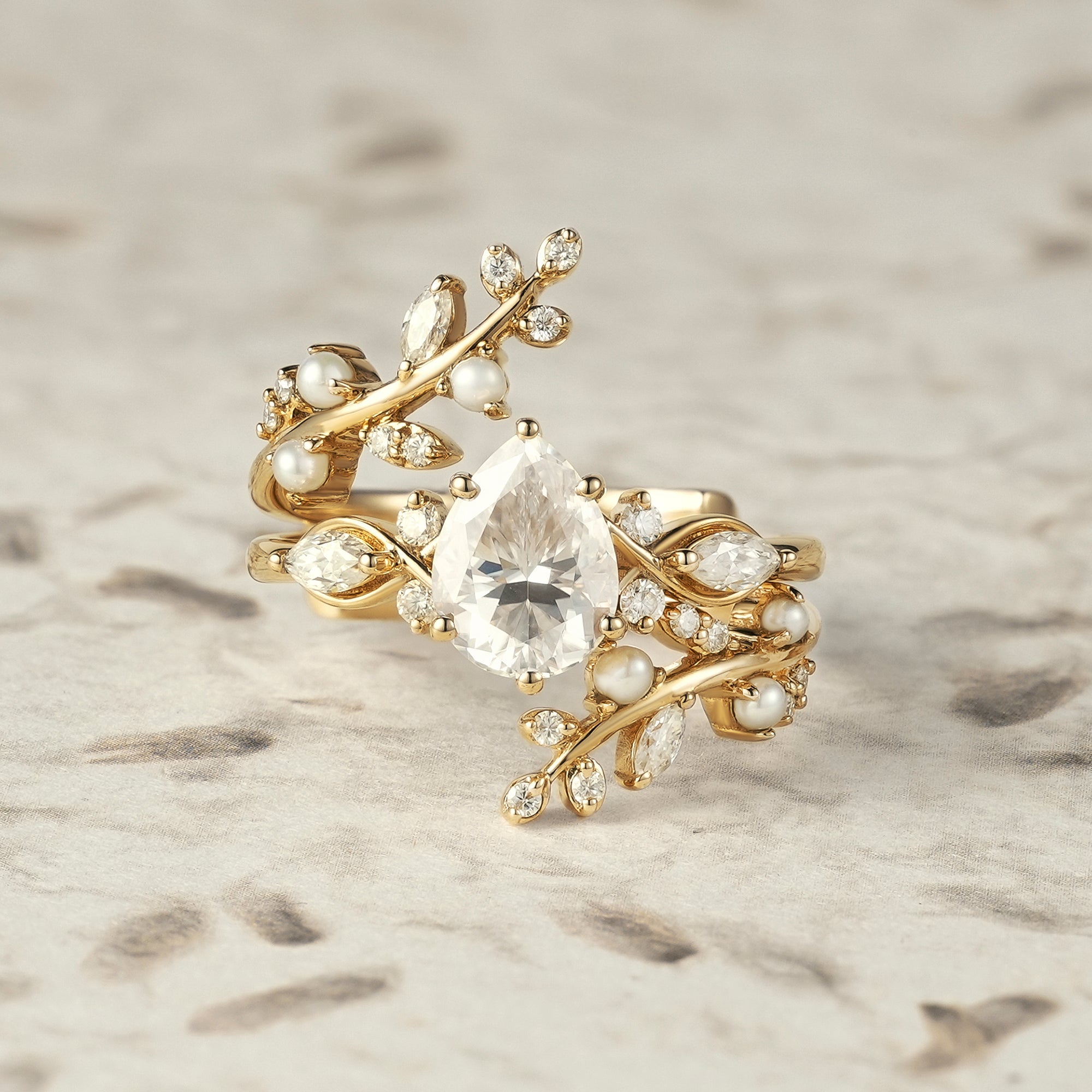 Moissanite & Pearl Engagement Ring Set - Athena - GemsMagic