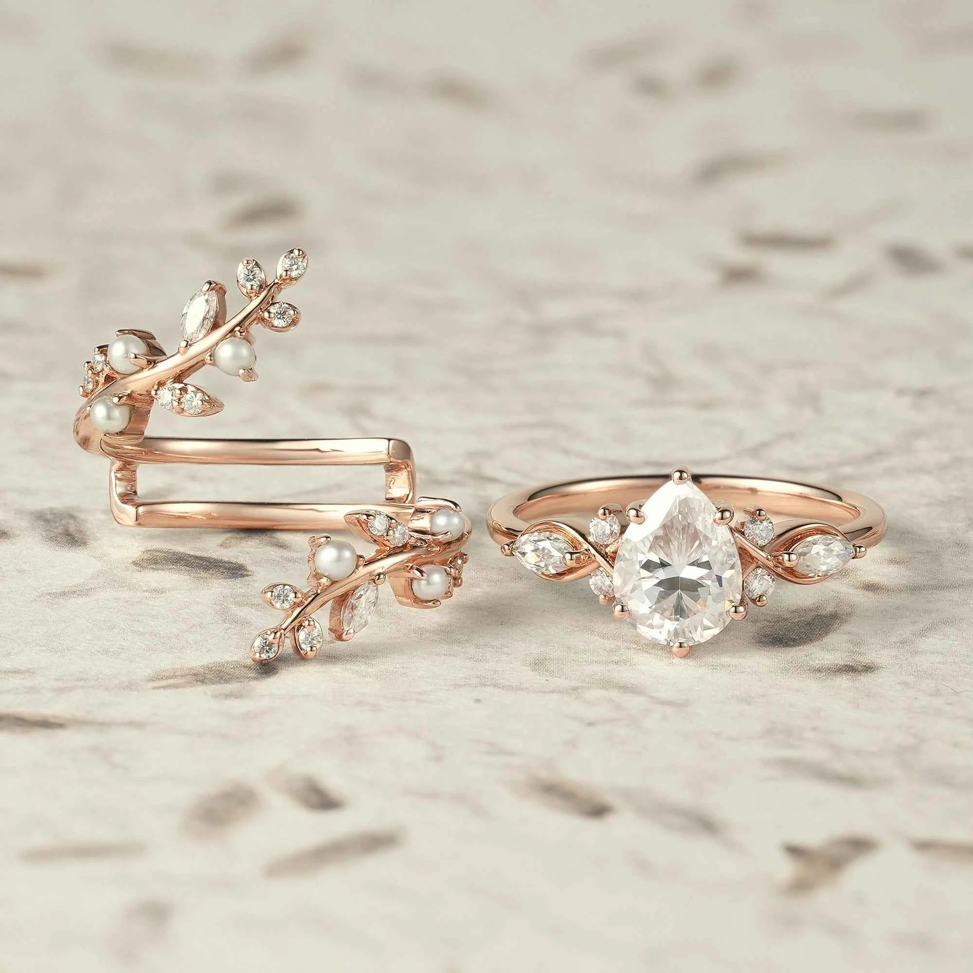 Moissanite & Pearl Engagement Ring Set - Athena - GemsMagic