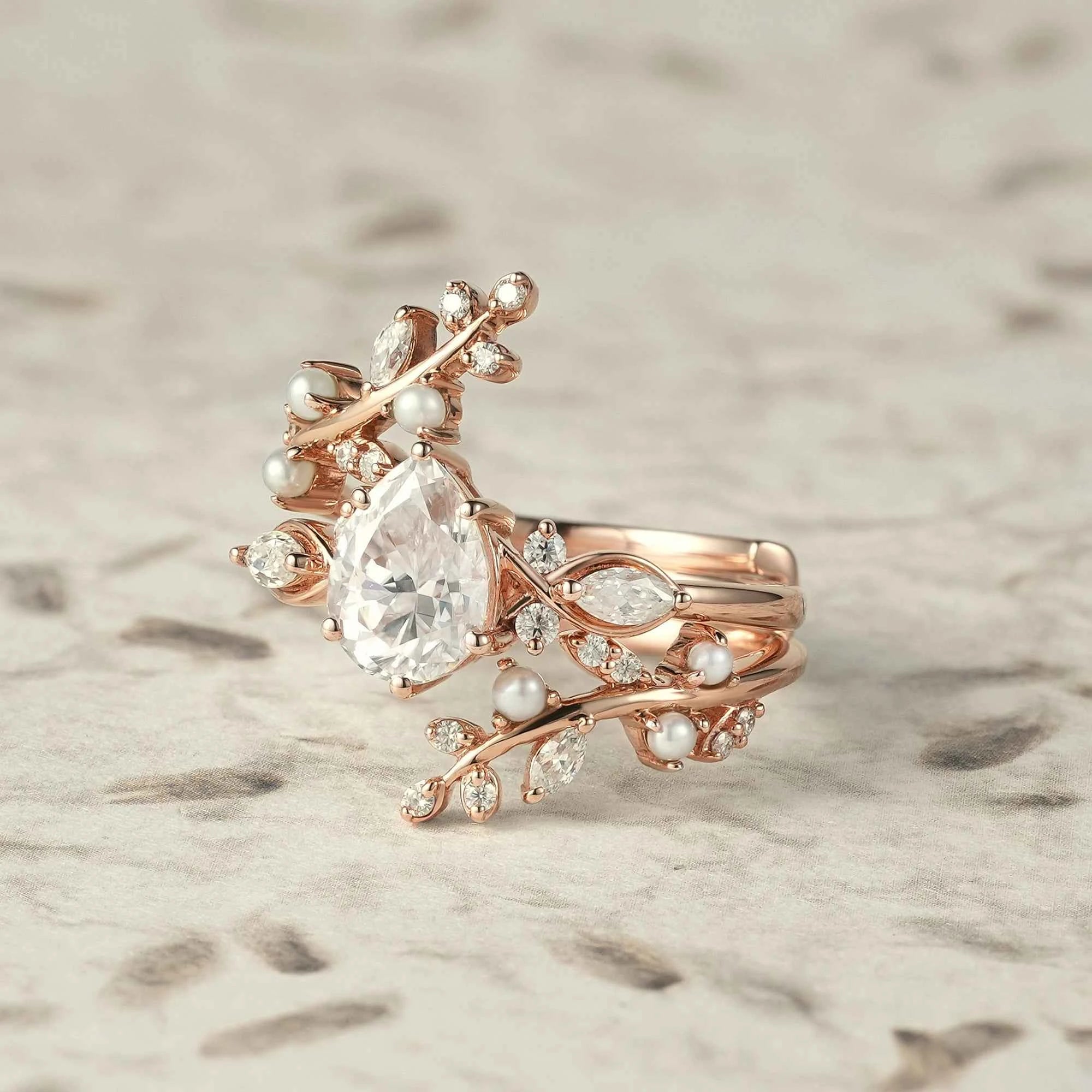 Moissanite & Pearl Engagement Ring Set - Athena - GemsMagic