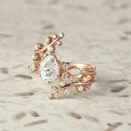 Moissanite & Pearl Engagement Ring Set - Athena - GemsMagic