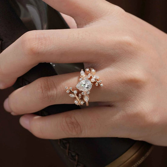 Moissanite & Pearl Engagement Ring Set - Athena - GemsMagic