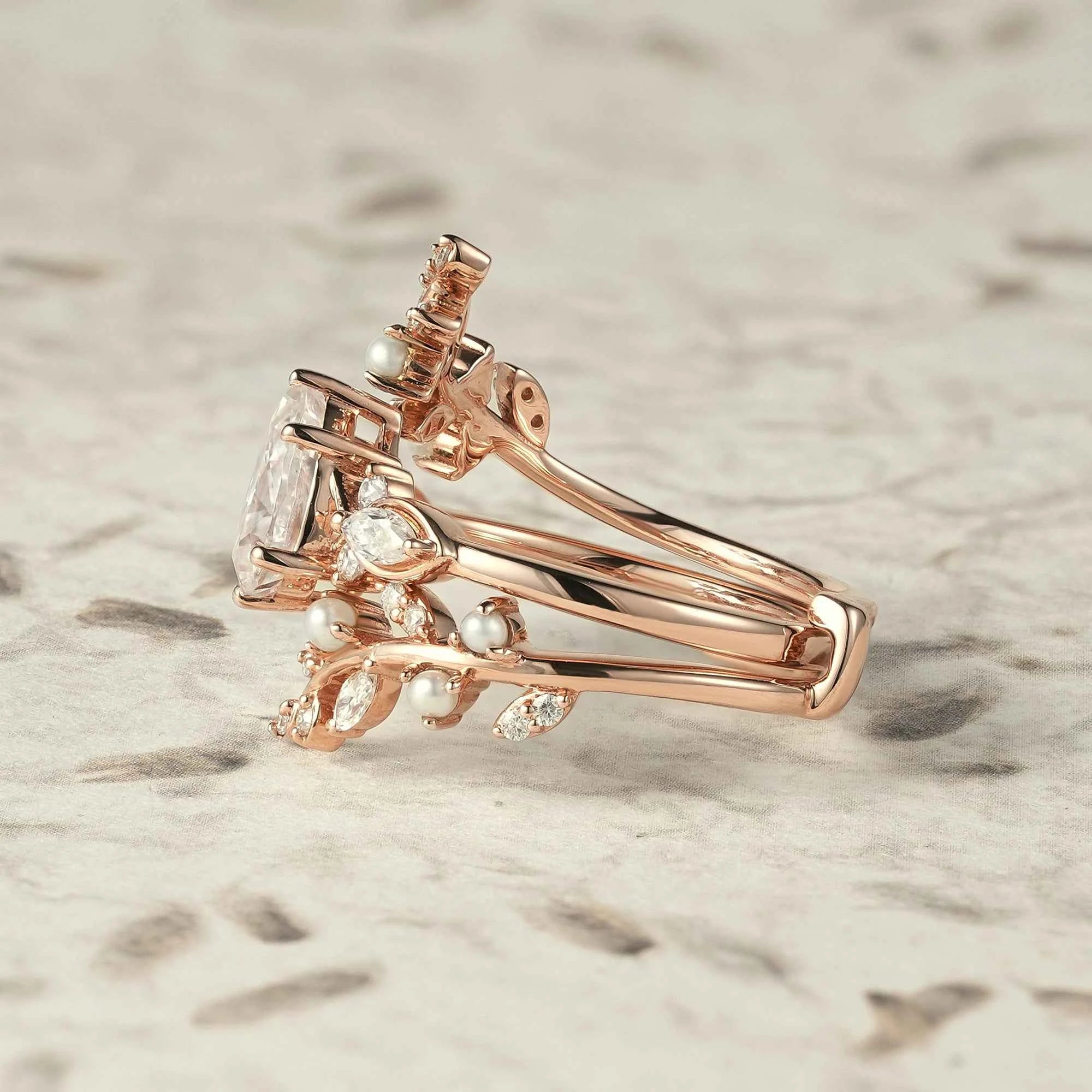 Moissanite & Pearl Engagement Ring Set - Athena - GemsMagic