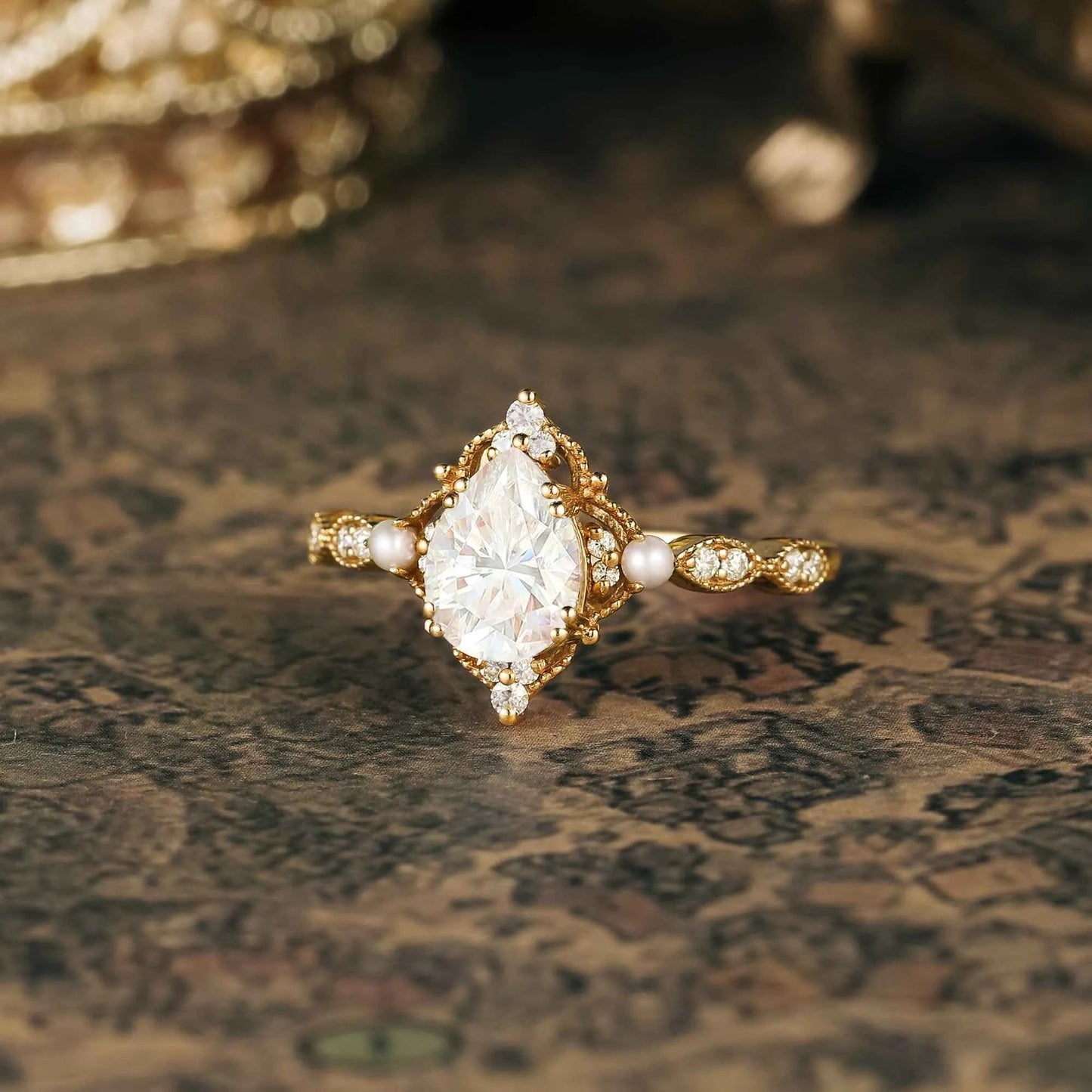 Moissanite Ring with Pearl Accents - Eulalie - GemsMagic - GemsMagic