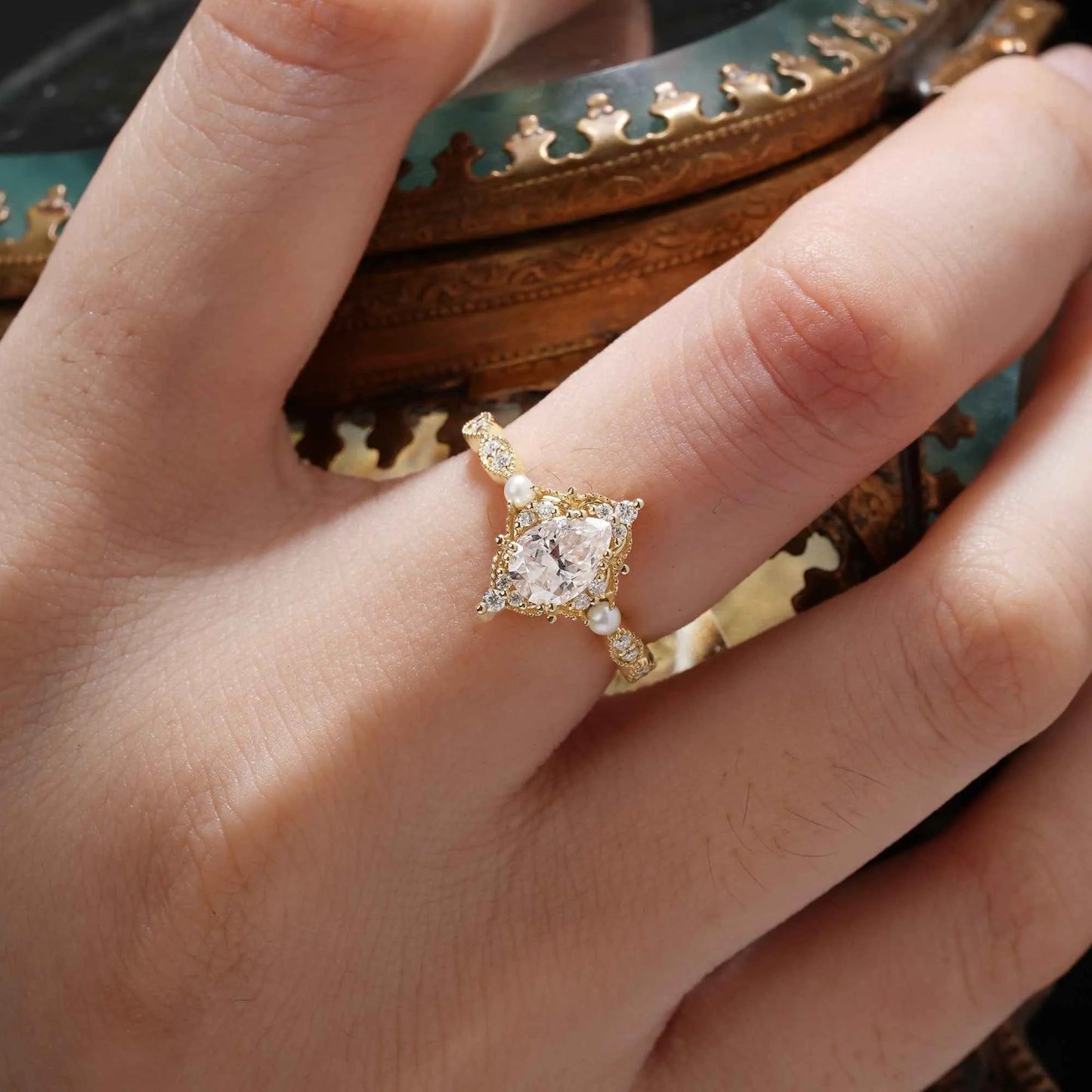 Moissanite Ring with Pearl Accents - Eulalie - GemsMagic - GemsMagic