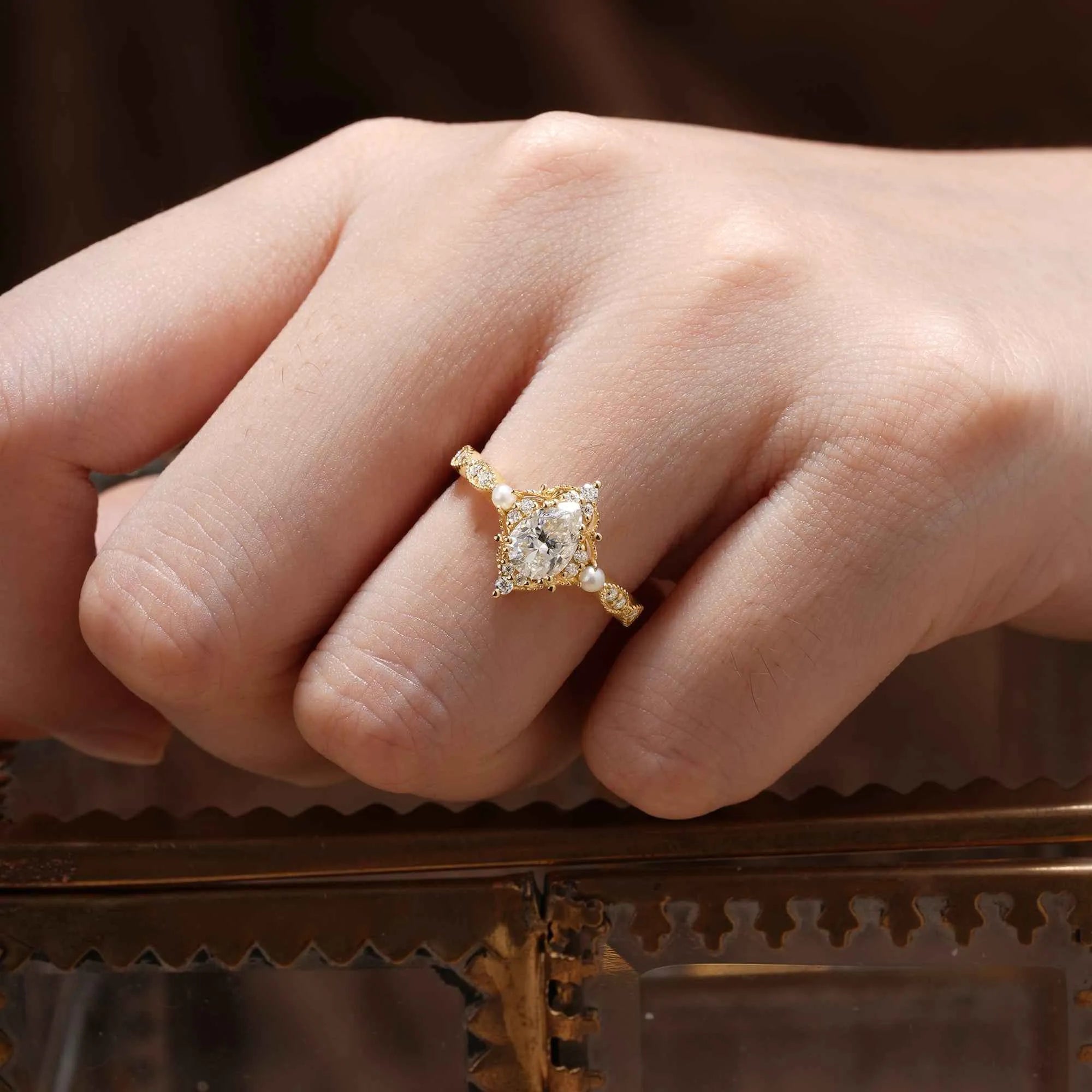 Moissanite Ring with Pearl Accents - Eulalie - GemsMagic - GemsMagic