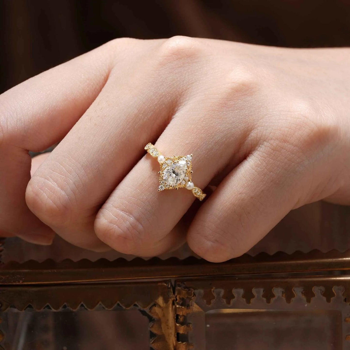 Moissanite Ring with Pearl Accents - Eulalie - GemsMagic - GemsMagic