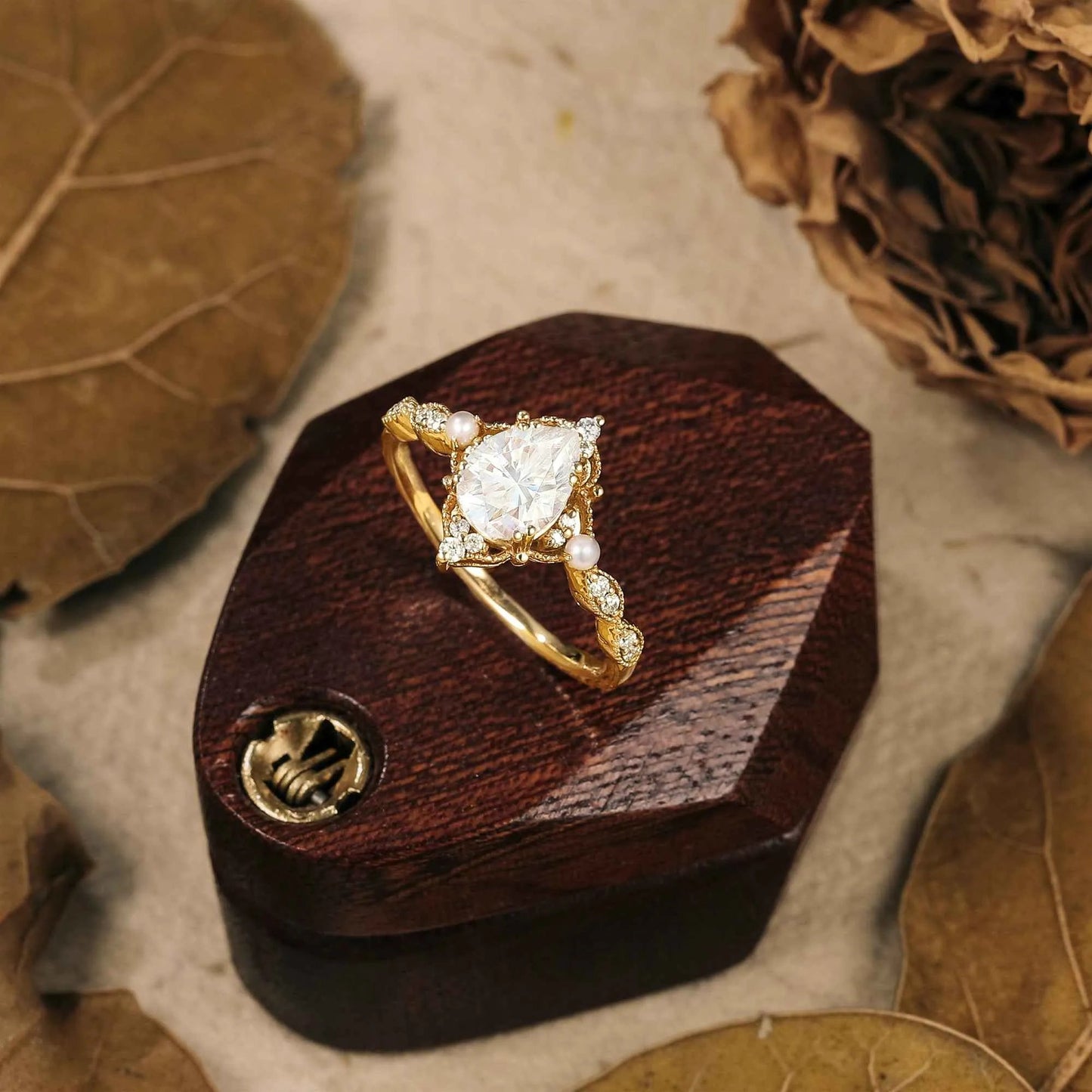 Moissanite Ring with Pearl Accents - Eulalie - GemsMagic - GemsMagic