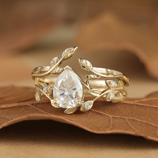 Moissanite Vine Inspired Pear Shaped Design Bridal Set - Yara - GemsMagic