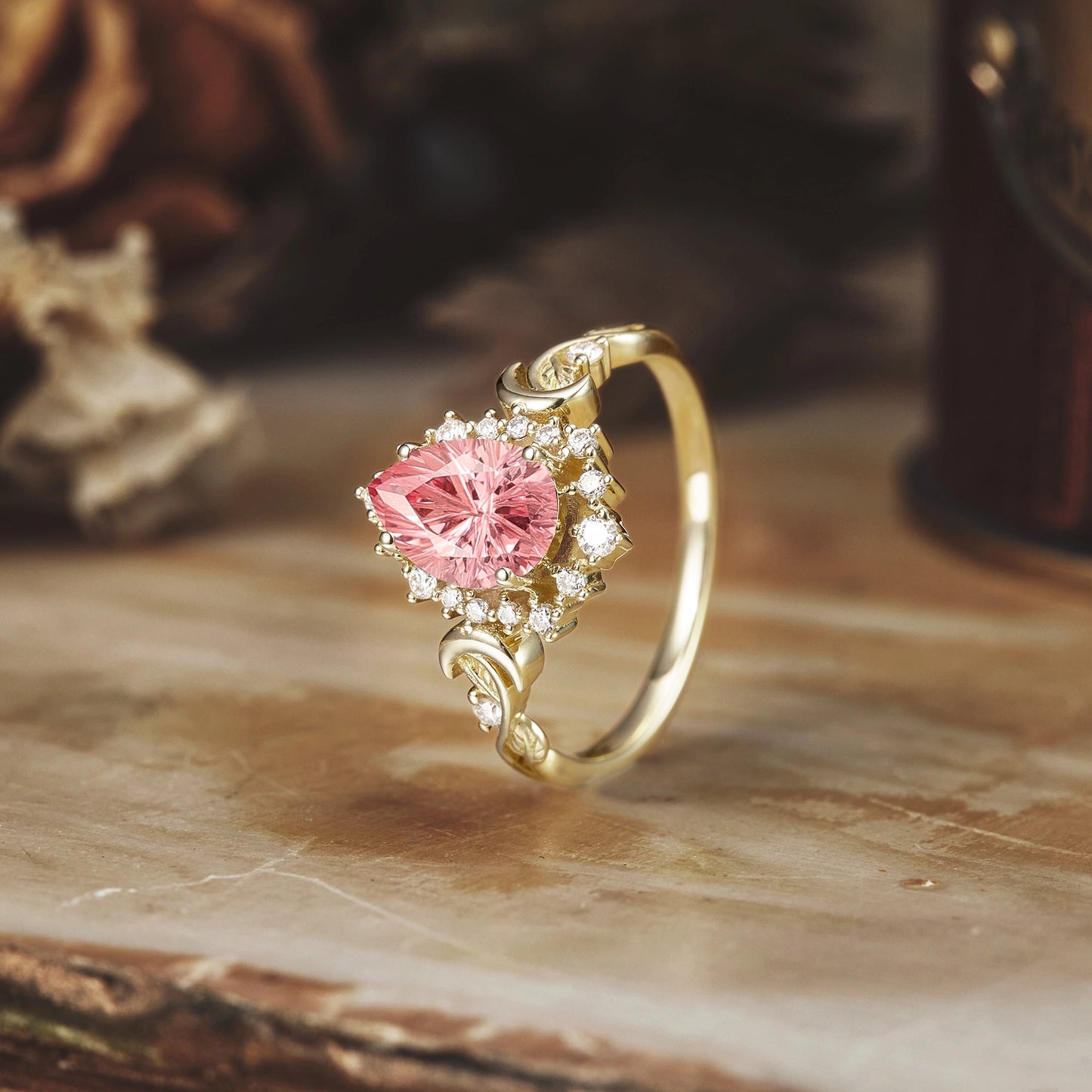 Moon and Leaf Design | Sparkle Cut Padparadscha Ring: Luna - GemsMagic