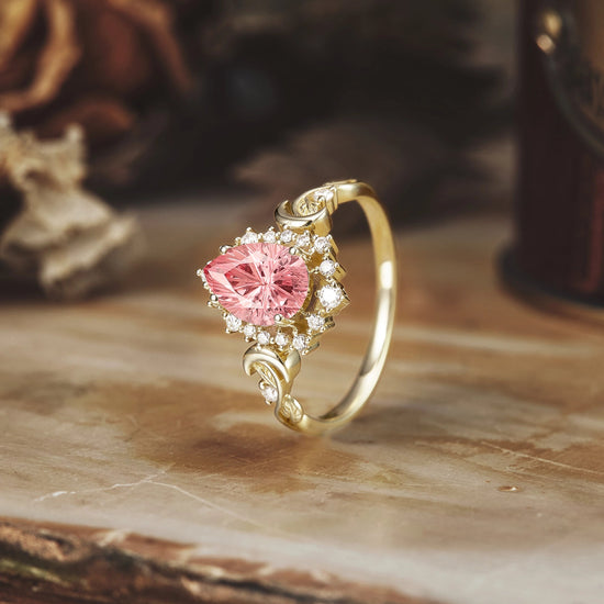 Moon and Leaf Design | Sparkle Cut Padparadscha Ring: Luna - GemsMagic