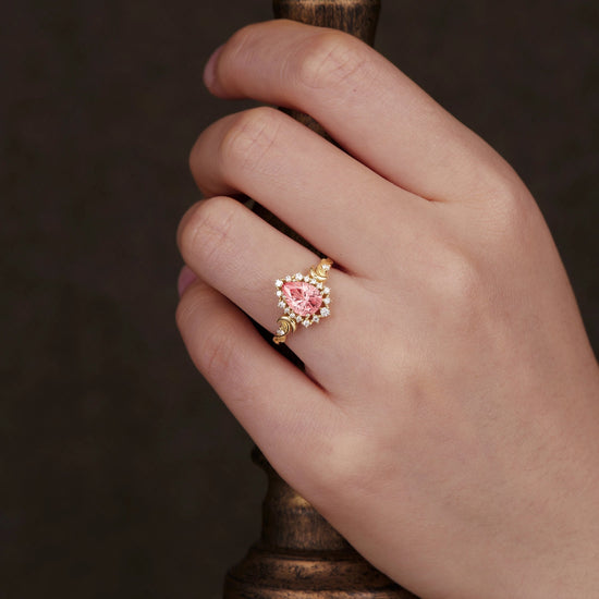 Moon and Leaf Design | Sparkle Cut Padparadscha Ring: Luna - GemsMagic