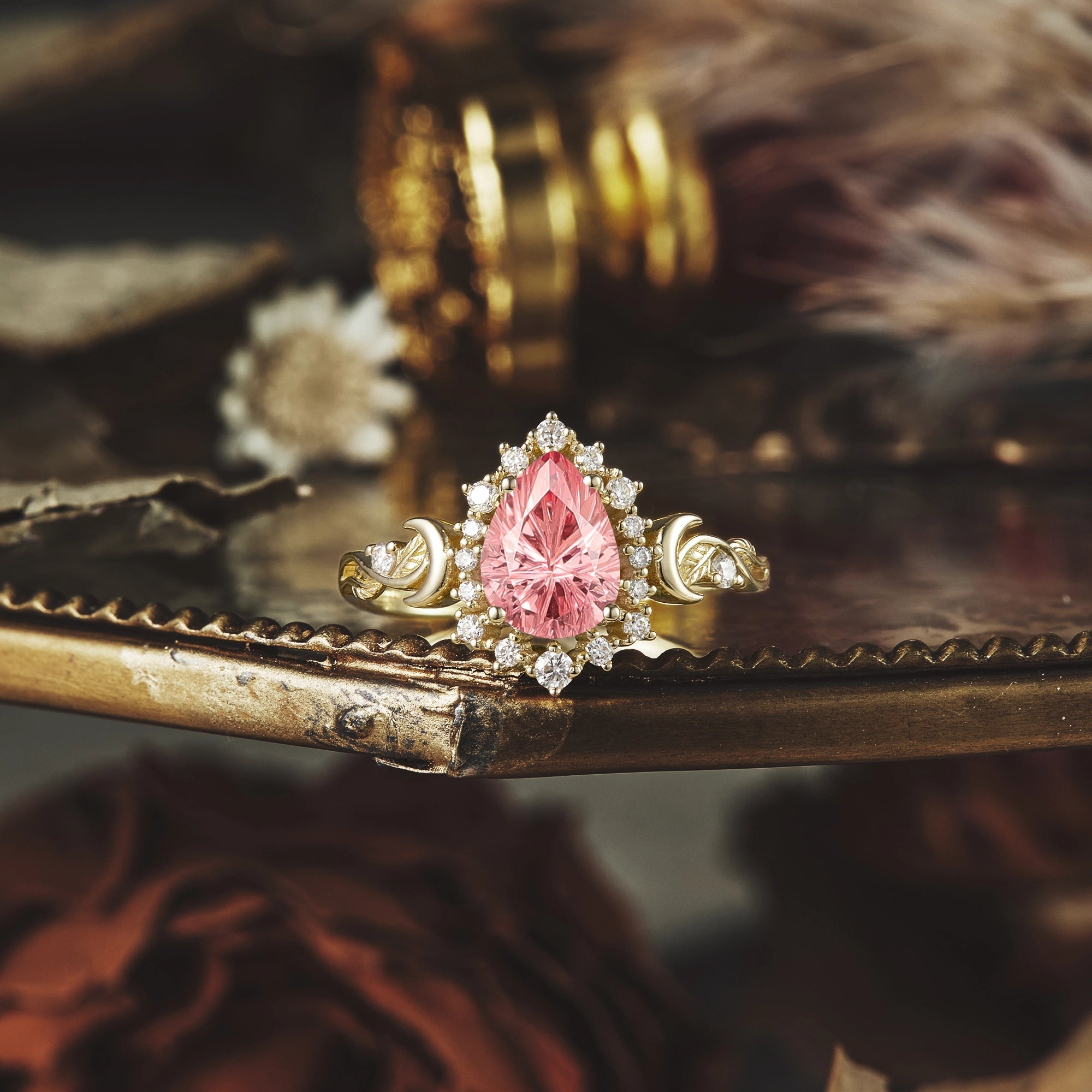 Moon and Leaf Design | Sparkle Cut Padparadscha Ring: Luna - GemsMagic