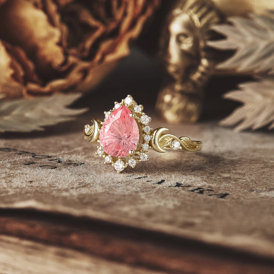 Moon and Leaf Design | Sparkle Cut Padparadscha Ring: Luna - GemsMagic