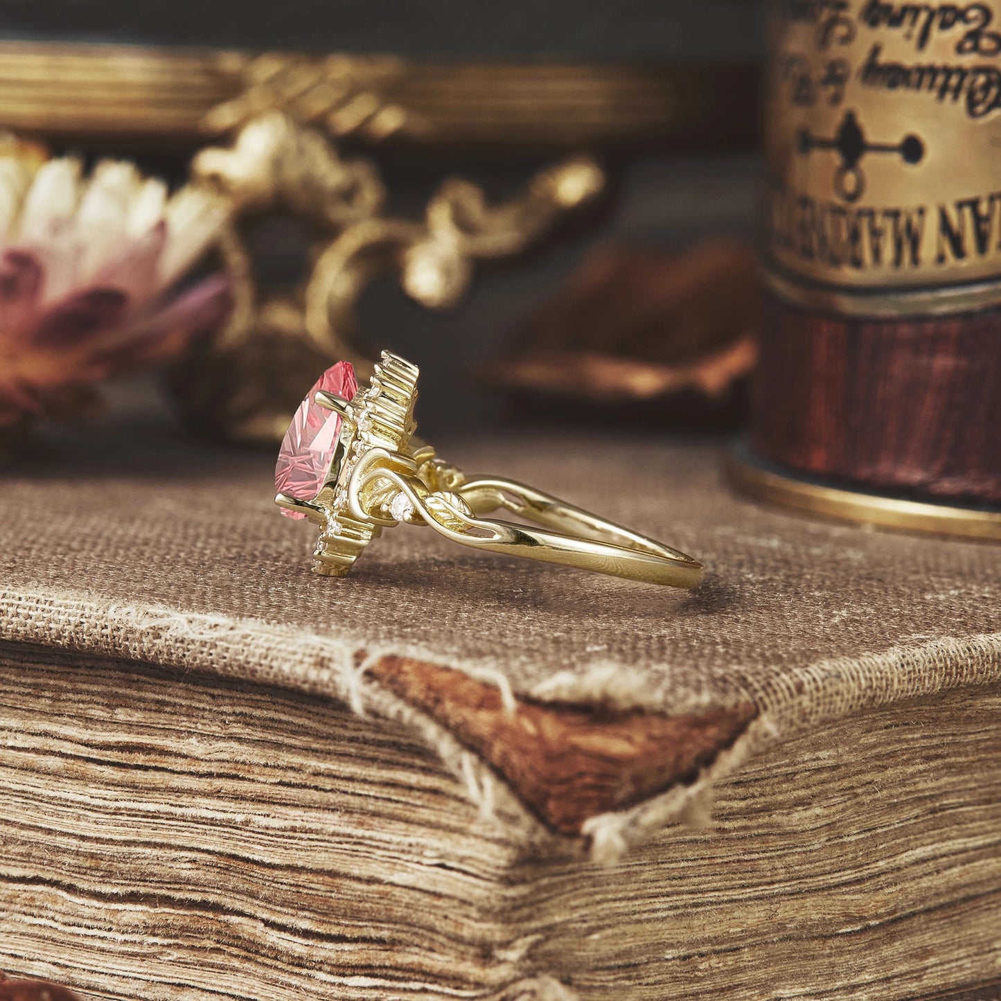 Moon and Leaf Design | Sparkle Cut Padparadscha Ring: Luna - GemsMagic