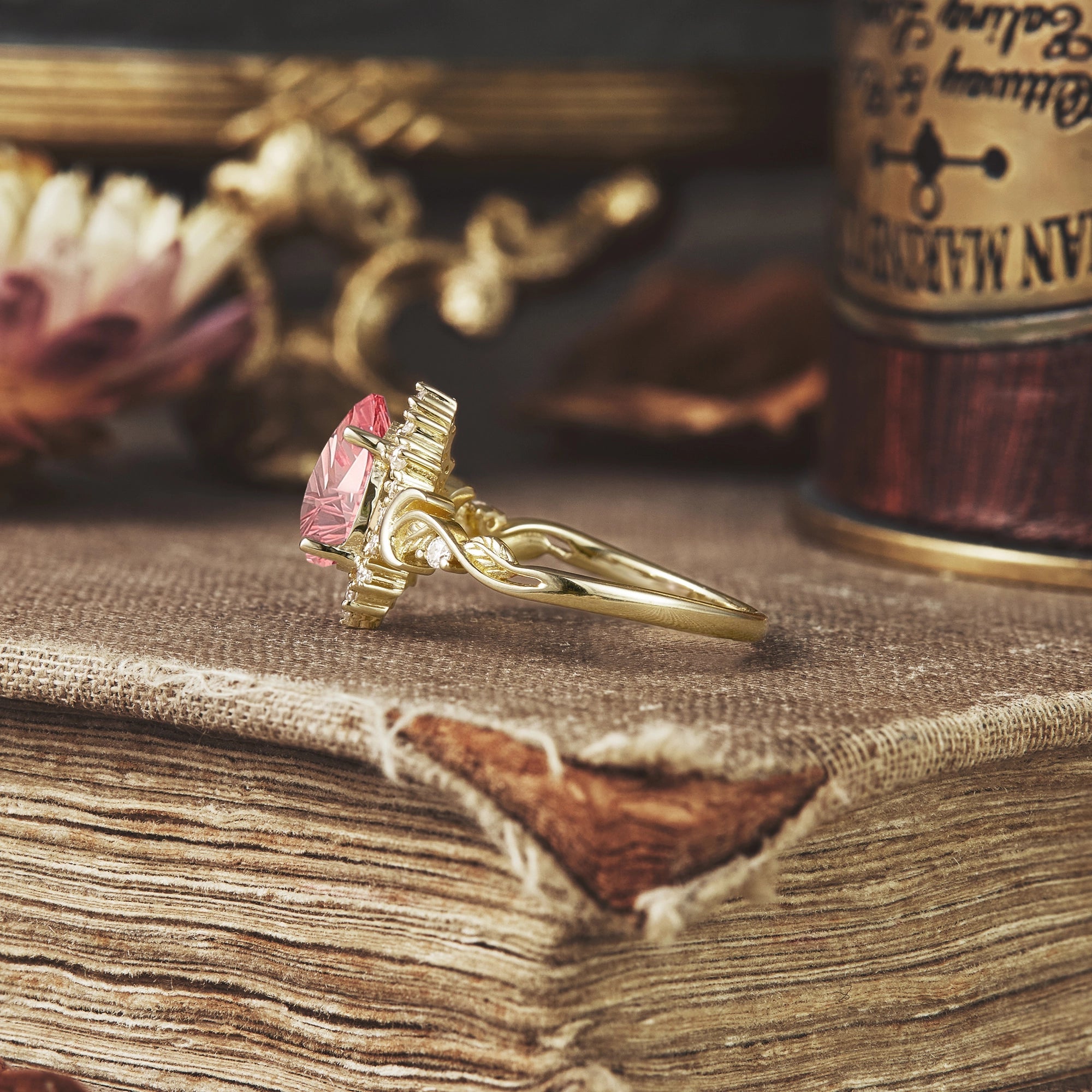 Moon and Leaf Design | Sparkle Cut Padparadscha Ring: Luna - GemsMagic