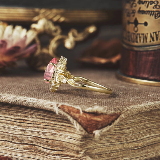 Moon and Leaf Design | Sparkle Cut Padparadscha Ring: Luna - GemsMagic